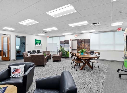 Designer Roller Shades Closed in Recreational Room