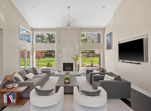 Designer Roller Shades in Family Room Up