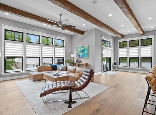 Designer Banded Shades Halfway in Living Room
