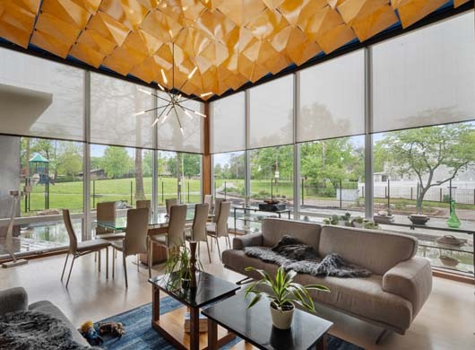 Designer Solar Screen Shades Halfway in Dining Room